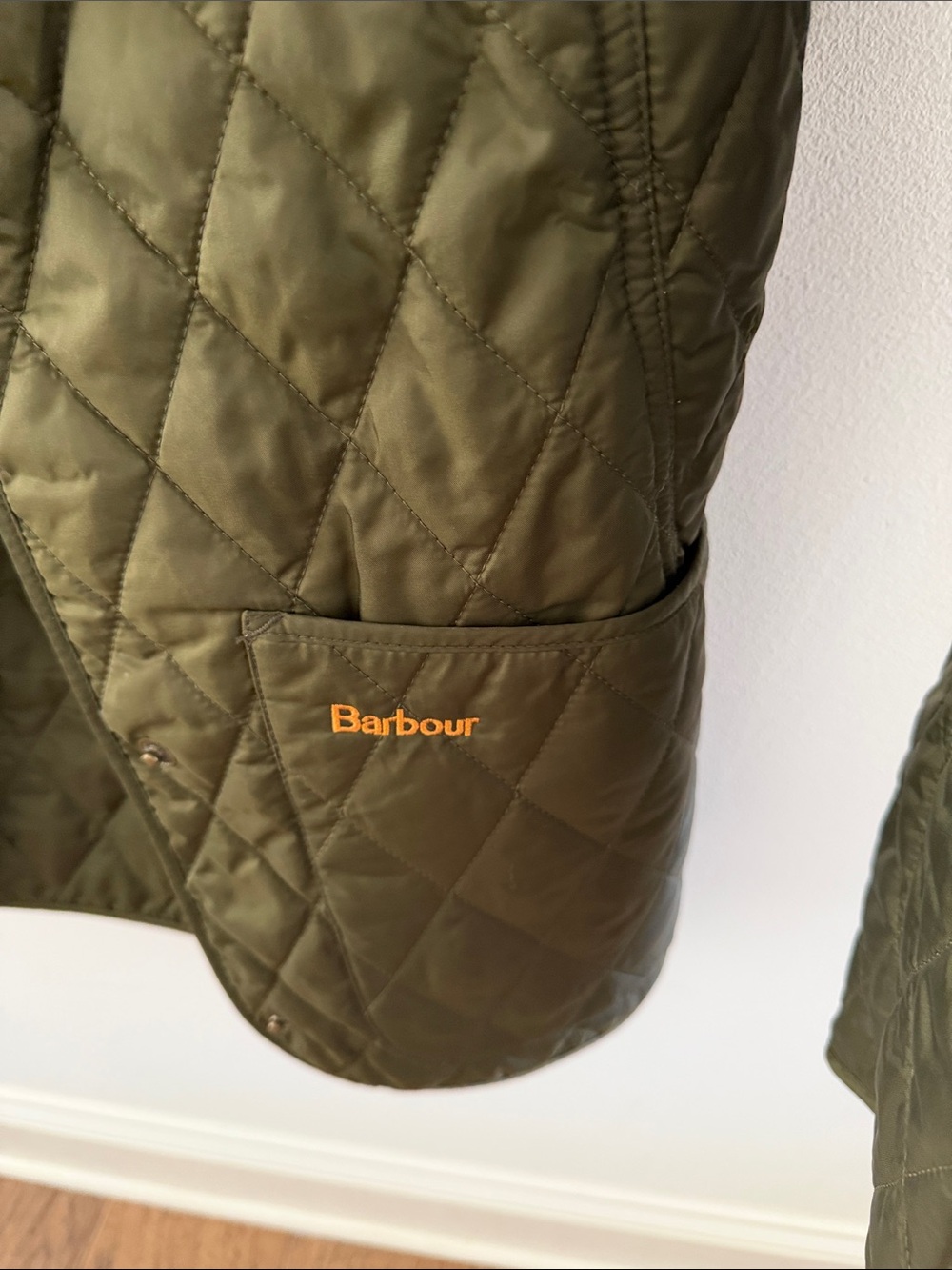 Barbour Olive Green Quilted Jacket with Dark Brown Cord Collar - Picture 2 of 4